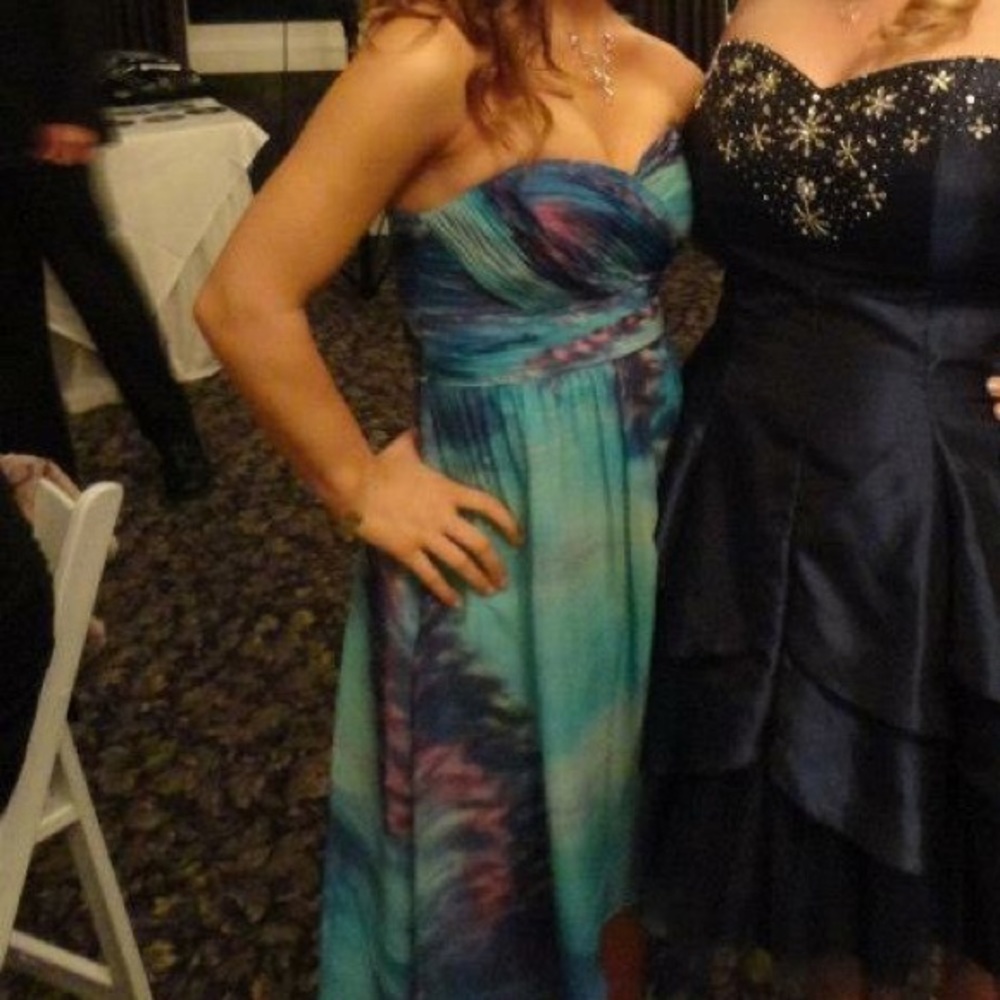 Turquoise and purple tie-dye hi-low prom dress